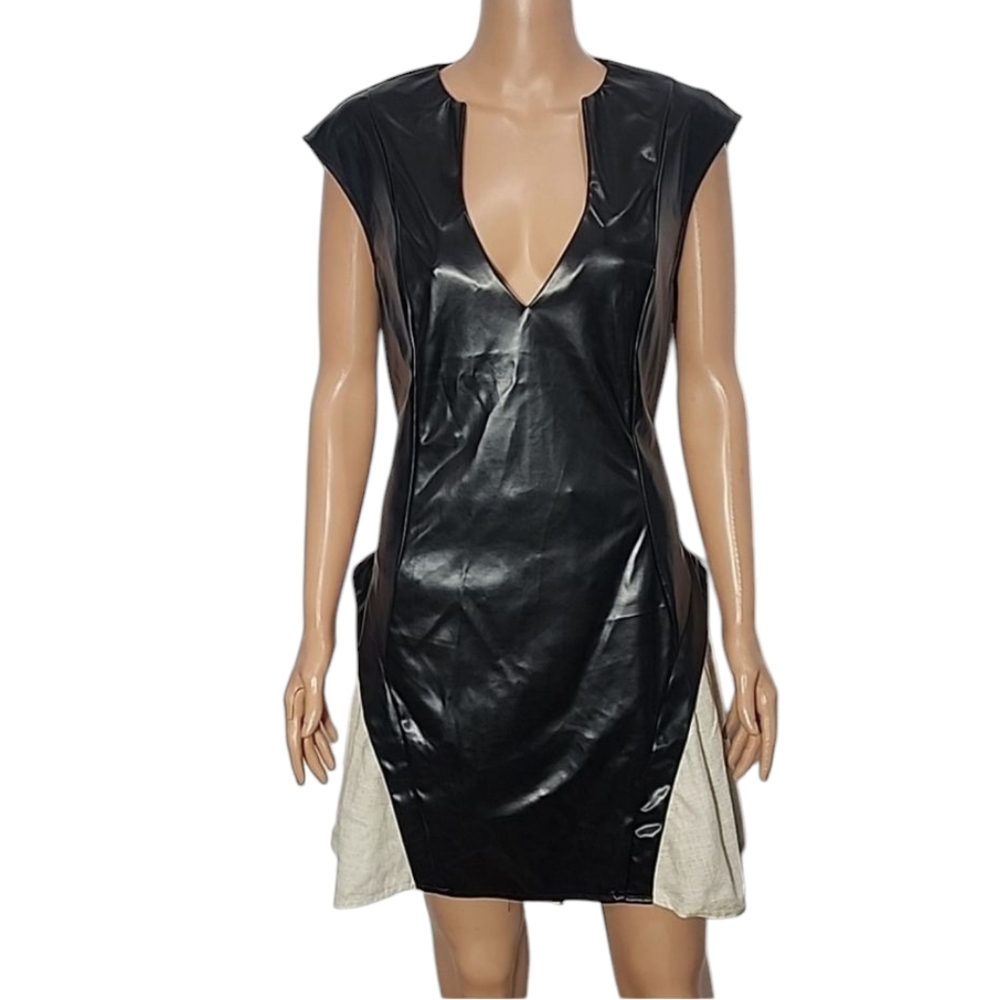 MICAS Solid Pu Patchwork Ruched Zipper Mini Dress Black/Cream Size XL NWT - Picture 3 of 16